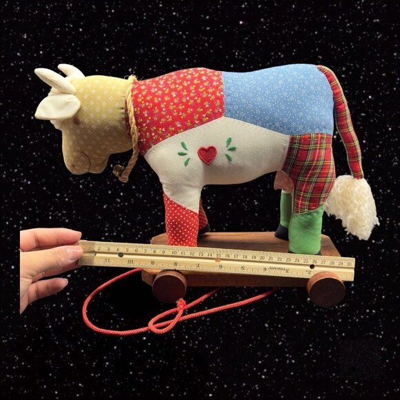 Vintage House of Hatten Pull Cow Figure Polyester And Cotton With Wooden Base - Picture 8 of 15